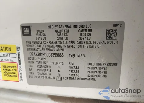 2012 Buick Enclave Premium from USA, damaged, VIN 5GAKRDED0CJ399865